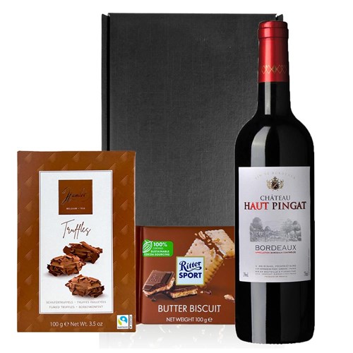 Chateau Haut Pingat Bordeaux 75cl Red Wine and Chocolates Gift Box | Luxury Gift Set with Truffles & Ritter